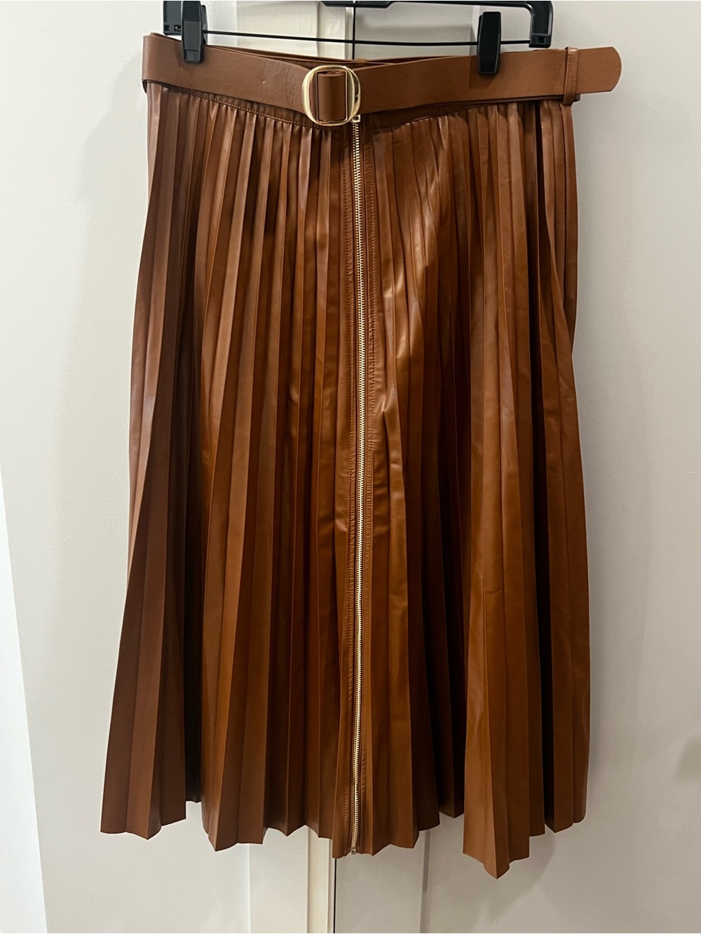 Pleated Faux Leather Midi Skirt with Belt - Brown